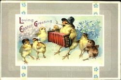 Chick in hat playing accordian, six other chicks Postcard