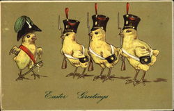Four chicks in uniform with weapons Postcard