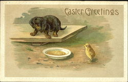 A puppy and a chick looking at a plate with food Postcard