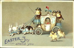 chicks driving carriage, pulled by bunnies Postcard
