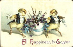 Two chicks in shirt and vest carrying cracked egg with wine bottle Postcard