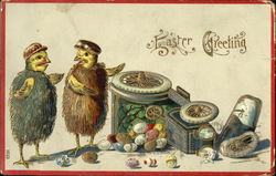 Two chicks looking at an overturned car with eggs Postcard