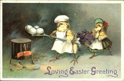 Chick couple, male with chef's hat, putting eggs on oven Postcard