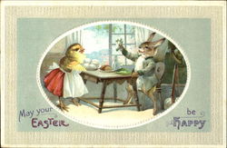 Chick and Bunny at a Table Postcard