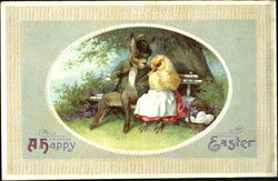 A bunny and chick sitting on a bench Postcard