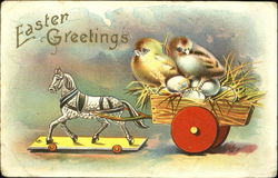 Chicks and eggs being pulled by a toy horse Postcard