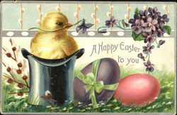 Chick in black hat, purple egg, red egg Postcard