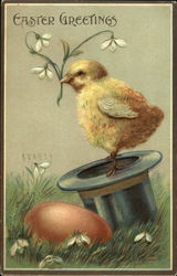 Chick holding a sprig of flowers on top hat next to pink egg Postcard