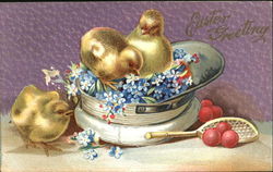 Three Easter CHick and a Flowered Hat Postcard