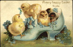 Five chicks sitting in a blue shoe Postcard
