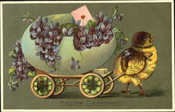 A Chick Pulling a Flowered Egg Filled WIth Flowers Postcard
