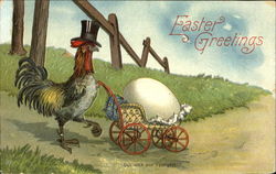 Chick in top hat pushing carriage with egg Postcard