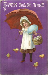 Little Girl With a Red Umbrella and Four Chicks Postcard
