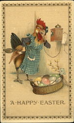Mother hen wearing apron, talking on telephone, basket of eggs Postcard