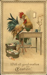 A roster wearing glasses write in a book while looking at bascets of eggs A roster wearing glasses write in a book while looking at bascets of eggs