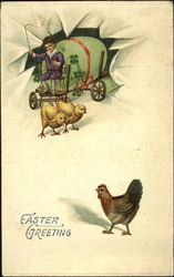 2 chicks are puling a carrage with a boy and a large egg as chicken watches Postcard