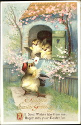 Two chicks in house receiving card from chick mail carrier Postcard