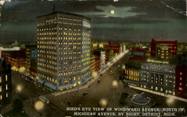 Bird's Eye view of Woodward Avenue, north of Michigan Avenue, by Night Detroit