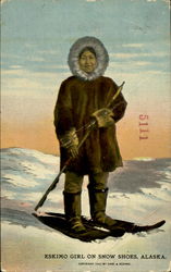 Eskimo Girl on Snow Shoes, Alaska Postcard