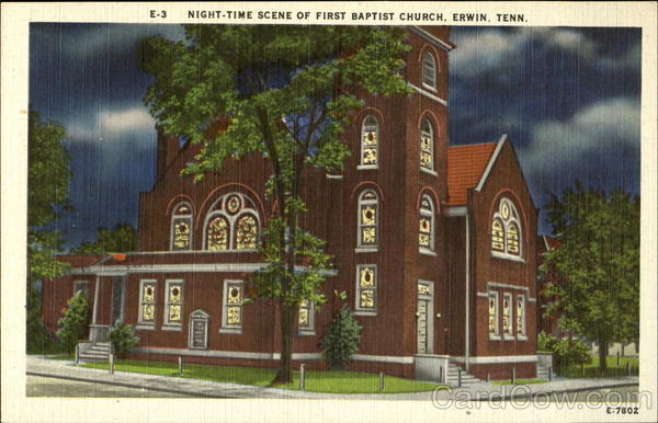 Night-Time scene of First Baptist Church Erwin Tennessee