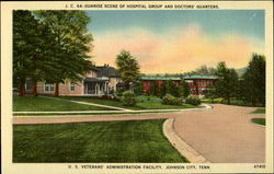 Sunrise scene of hospital group and doctos' quarters. U.S. Veterans' Administration Facility Postcard