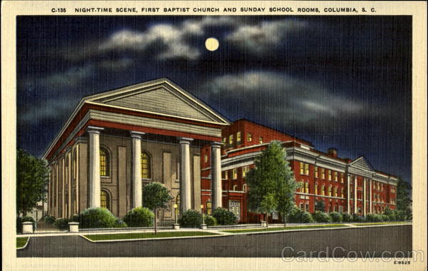 Night-time scene, First Baptist Church and Sunday School Rooms Columbia South Carolina