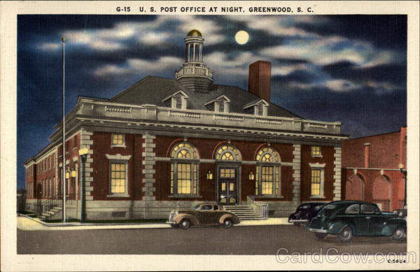 U. S. Post Office at Night Greenwood South Carolina