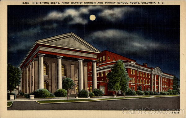 NIght-time scene, First Baptist Church and Sunday School Rooms Columbia South Carolina