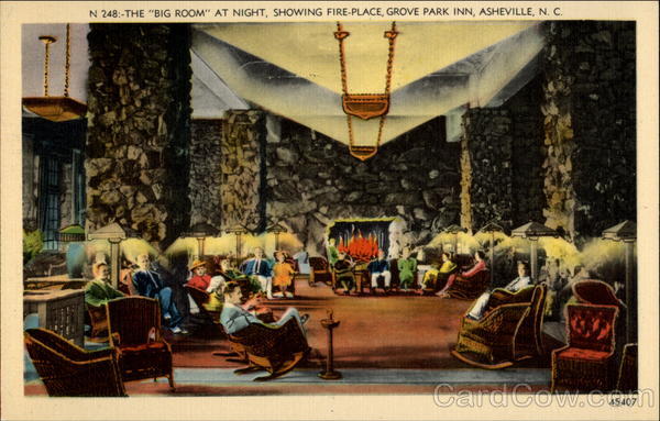 The Big Room at Night, Showing Fire-Place, Grove Park Inn, Asheville, NC North Carolina