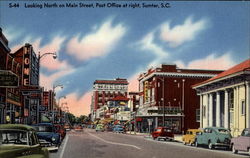 Looking North on Main Street, Post Office at right Sumter, SC Postcard Postcard