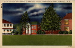 Night-time view from campus of Mars Hill College, Gymnasium in Center Postcard