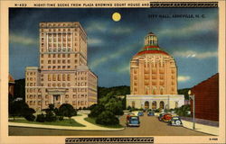 Night-time Scene from Plaza Showing Court House and City Hall Postcard
