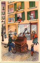 Cats Listening to Street Organ Player Postcard