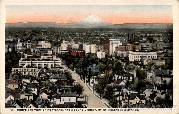 Bird's eye view of Portland, from council crest, Mt. St. Helens in distance Oregon