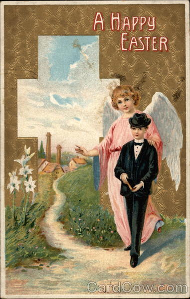 Angel & Boy In Front Of Cross With Angels