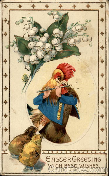 Rooster playing the Flute With Chicks