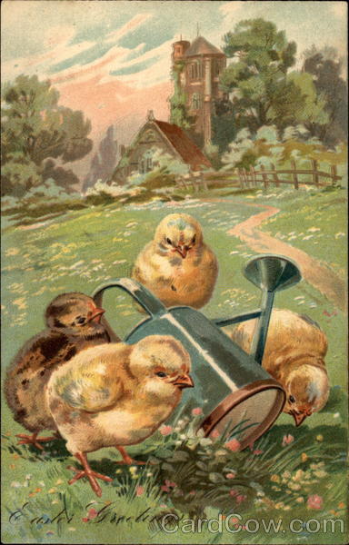 Chicks and Watering Can in Flowery Meadow With Chicks