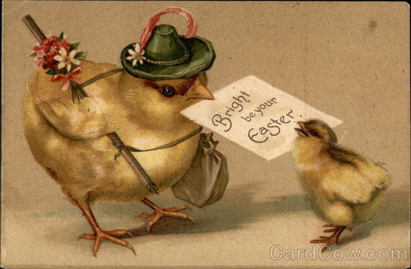 Chicken Holding Easter Card in it's Beak With Chicks