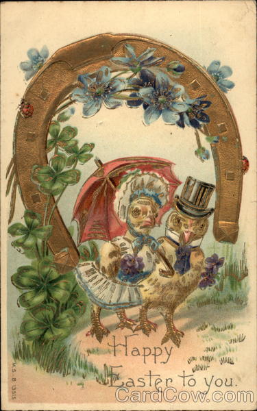 Two Chicks and a Lucky Horseshoe with Four-Leaf Clovers