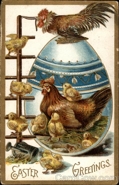 Chicken with chicks and large Easter egg