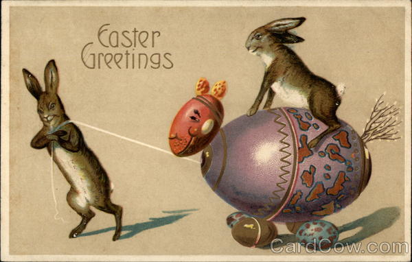 Bunnies Play With Toy Horse Made of Easter Eggs With Bunnies