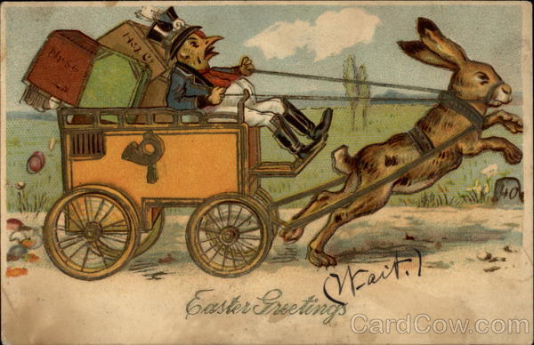 Bunny on Harness, Chick on Stagecoach With Other Animals