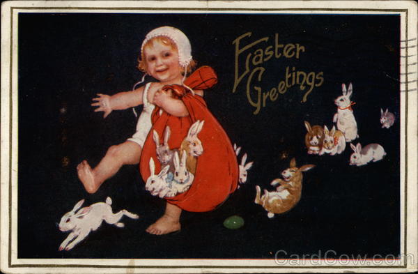 Child Holding Sack Of Bunnies With Bunnies