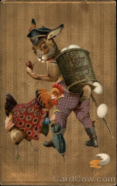 Hen Dismayed by Eggs Falling From Bunny's Basket With Bunnies