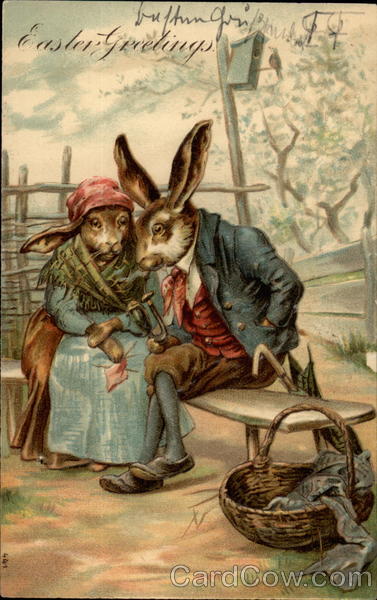 Old Bunny Couple on Bench With Bunnies
