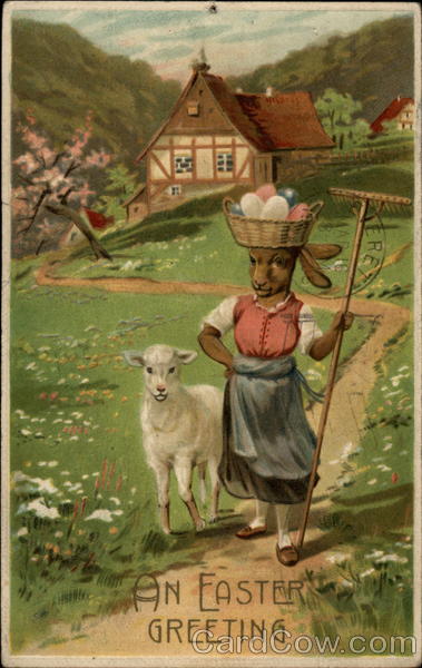 Bunny Farm Girl With Lamb and Basket of Eggs With Bunnies