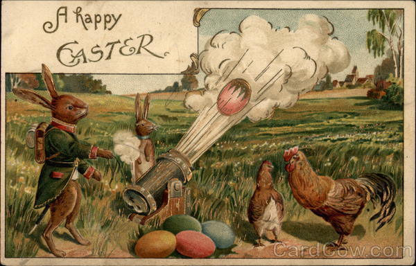 Rabbits Shooting Eggs Out Of A Cannon Like Device With Bunnies