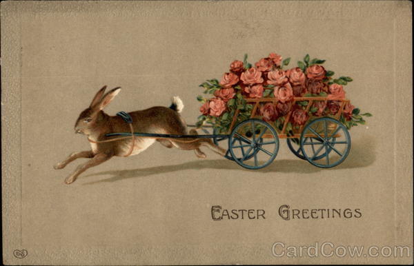 A Brown Rabbit Pulling a Flowered Cart With Bunnies