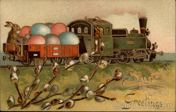 Train hauling Easter eggs with bunny conductor With Bunnies