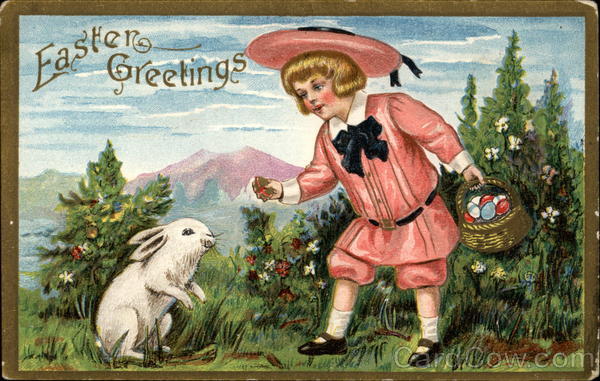 Child Showing Bunny An Egg With Bunnies